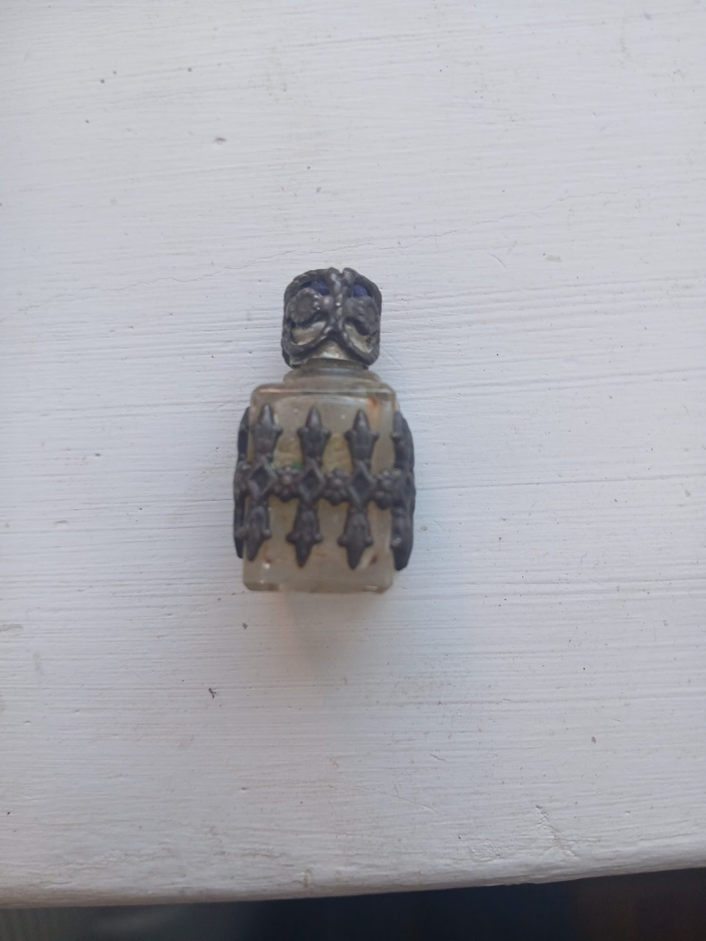 Antique/Vintage European Miniature Perfume Bottle – Glass & Ornate Metal Overlay